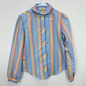 Vintage Colorful Pastel Ruffle Collar Striped Blouse 70s Puff Sleeve Quirky
